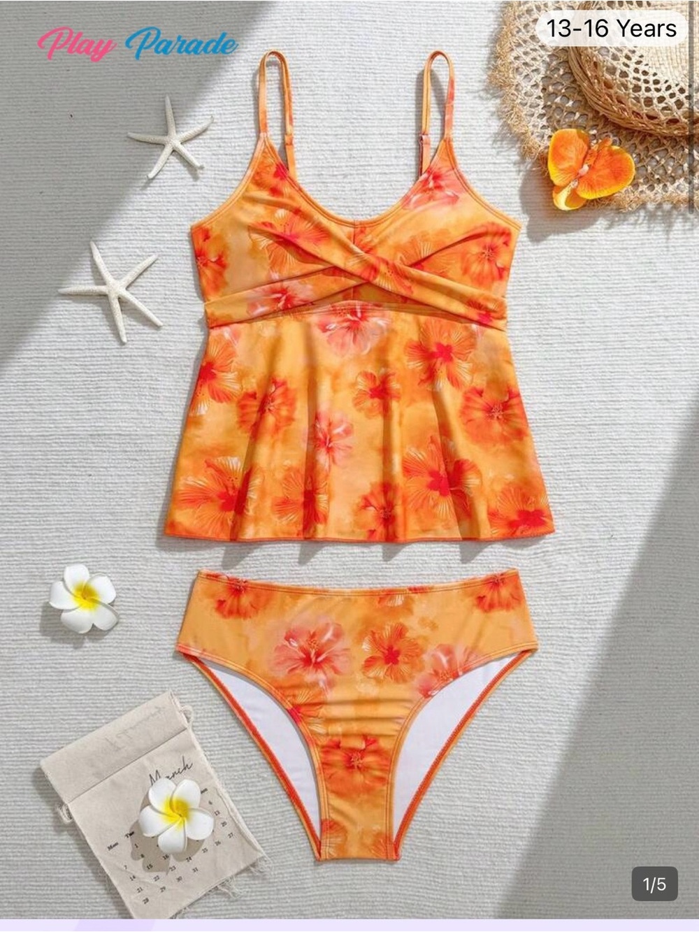 SHEIN NWT Orange Floral Tankini Set for Girls